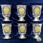 Набор серебряных стопок для водки или коньяка с позолоченным гербом России "Воевода" (6 шт) (объем 1 стопки 45 мл)