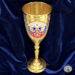Серебряная рюмка для водки или коньяка с золотым покрытием, горячей эмалью и позолоченным гербом России "Символ-5" (объем 80 мл)