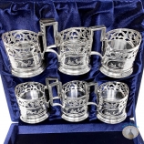 Набор серебряных подстаканников с хрустальными стаканами "Тибет-3" (6 шт)