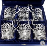 Набор серебряных подстаканников с хрустальными стаканами "Прибой" (6 шт)