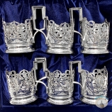 Набор серебряных подстаканников с хрустальным стаканом "Прибой-3" (6 шт)
