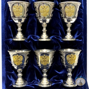 Набор серебряных рюмок для водки или коньяка с позолоченным гербом России "Сияние-3" (6 шт) (объем 1 рюмки 60 мл)