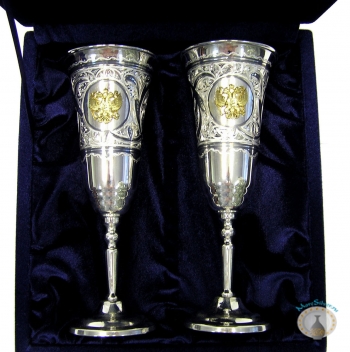 Набор серебряных бокалов с позолоченным гербом России "Князь-3" (2 шт) (объем 1 бокала 180 мл)