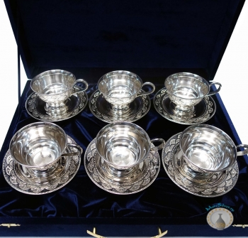 Набор серебряных чашек чайных с блюдцами "Кристалл-2" (6 шт, 12 предметов) (объем 1 чашки 180 мл)
