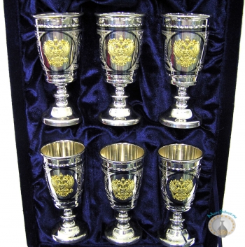 Набор серебряных рюмок для водки или коньяка с позолоченным гербом России "Патриарх-3" (6 шт)