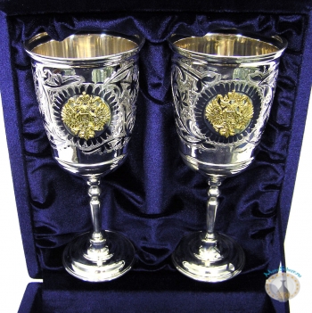 Набор серебряных бокалов с позолоченным гербом России "Символ" (2 шт) (объем 1 бокала 330 мл)