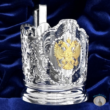 Серебряный подстаканник с позолоченным гербом России и хрустальным стаканом "Империя"