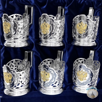 Набор серебряных подстаканников с позолоченными гербами России "Империя" (6 шт)