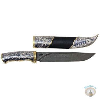 Серебряный нож-мачете с позолотой, кожей и дамасской сталью "Блеск"