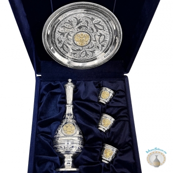 Серебряный набор для водки или коньяка с позолоченным гербом России "Держава-4" (5 предметов)