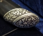 Серебряный нож охотничий "Хищник", серебро, бриллианты, рог буйвола, кожа электрического ската, дамасская сталь - фото 1