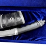 Эксклюзивный нож "Кхукри" с дамасской сталью, авторская работа, использованы серебро, 2 сапфира, раух топаз, кость рога буйвола, кожа электрического ската, черное дерево, чеканка, гравировка - фото 2